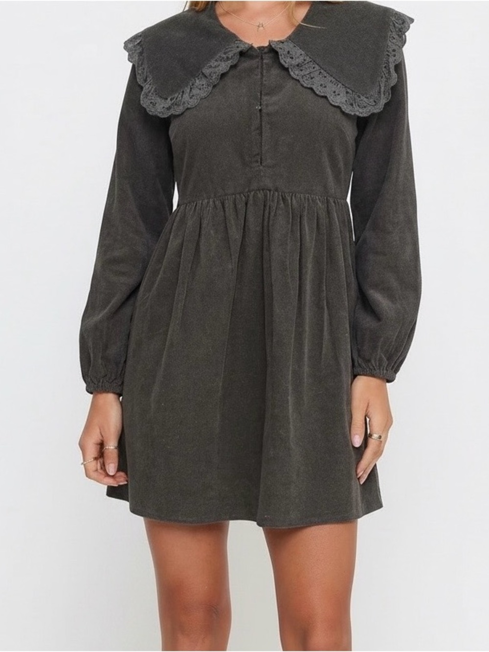 Zara Dark Charcoal Lace-Collar Mini Dress